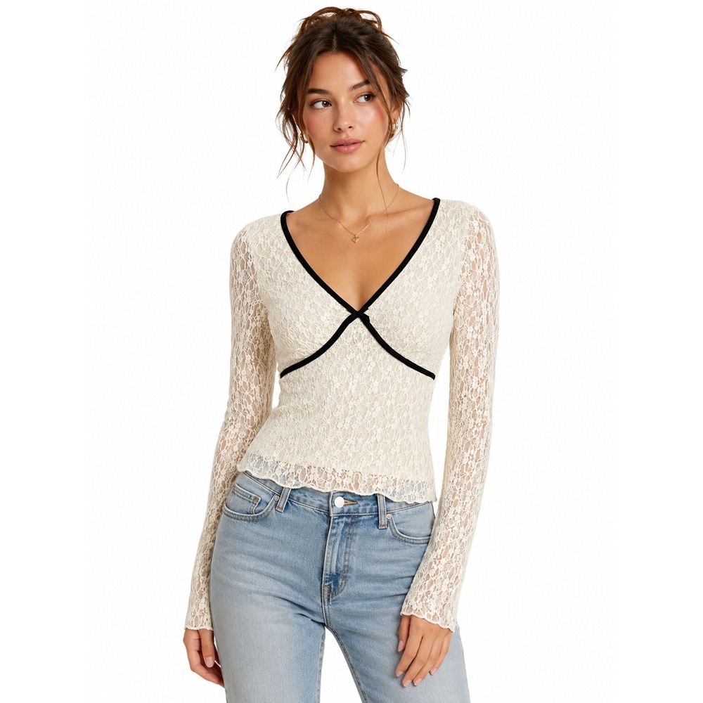 Thirty Thirty White Lace Long Sleeve Top L Black Trim V Neck Romantic Coquette
